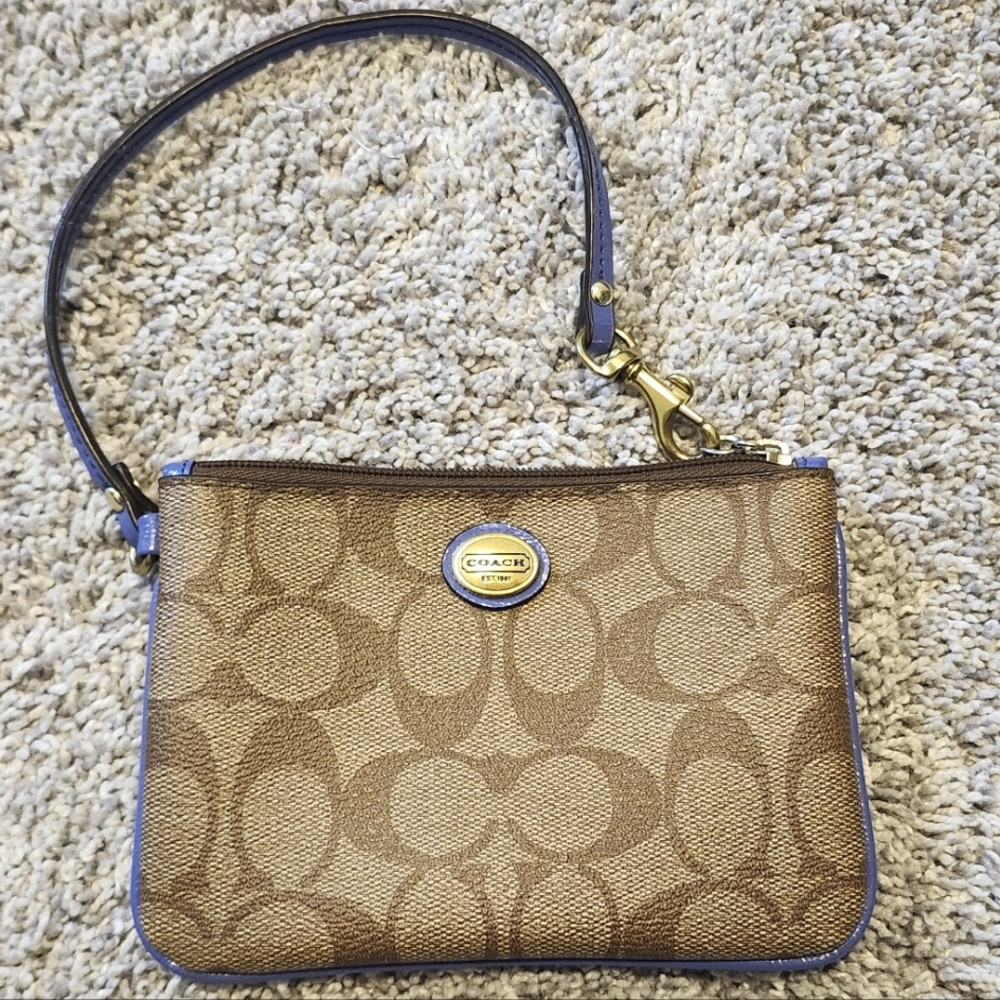Coach $89 Canvas Leather Wristlet Brown Logo Purple Strap Gold Accents